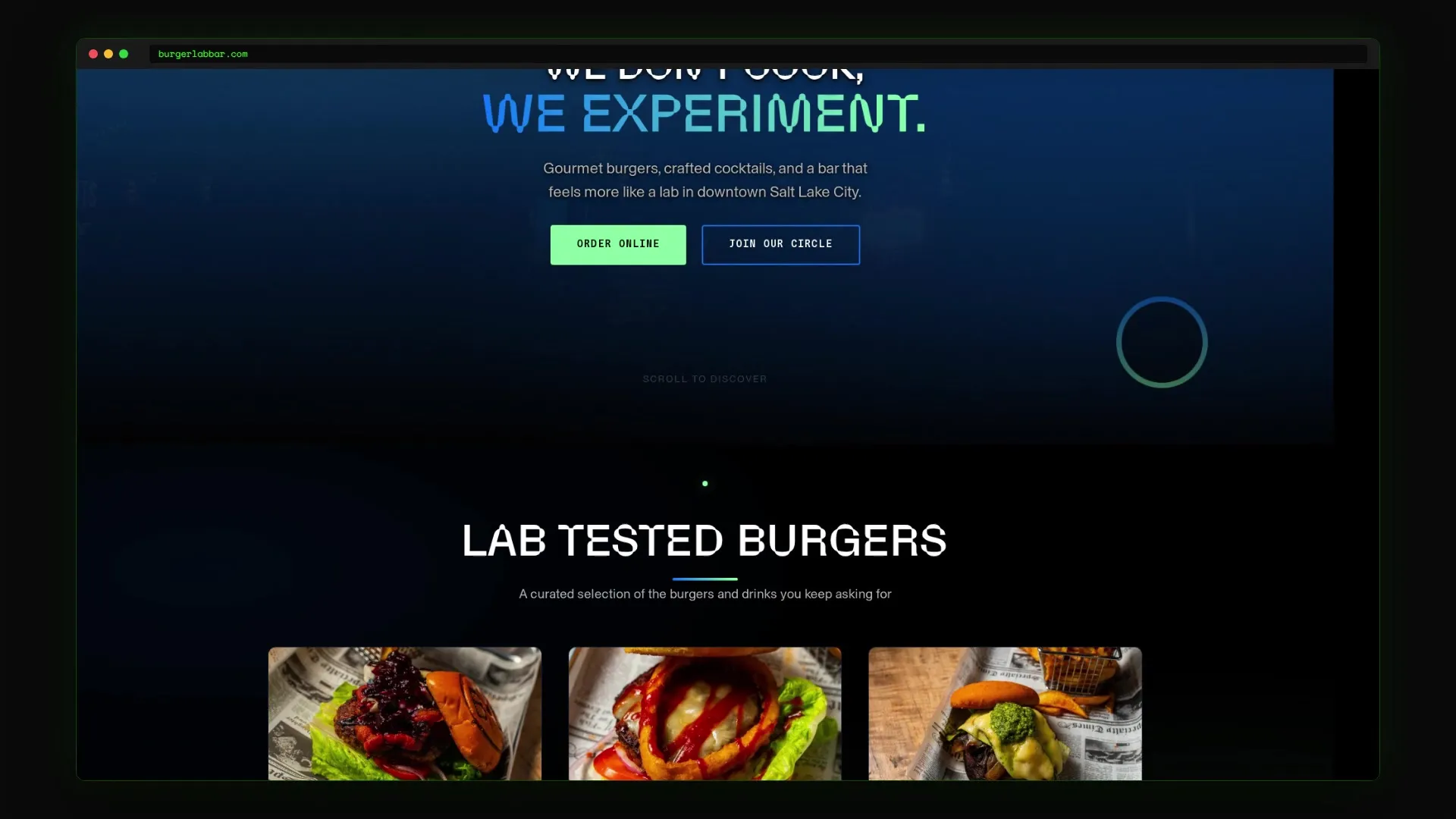 Burger Lab's custom restaurant website with its menu and ordering experience