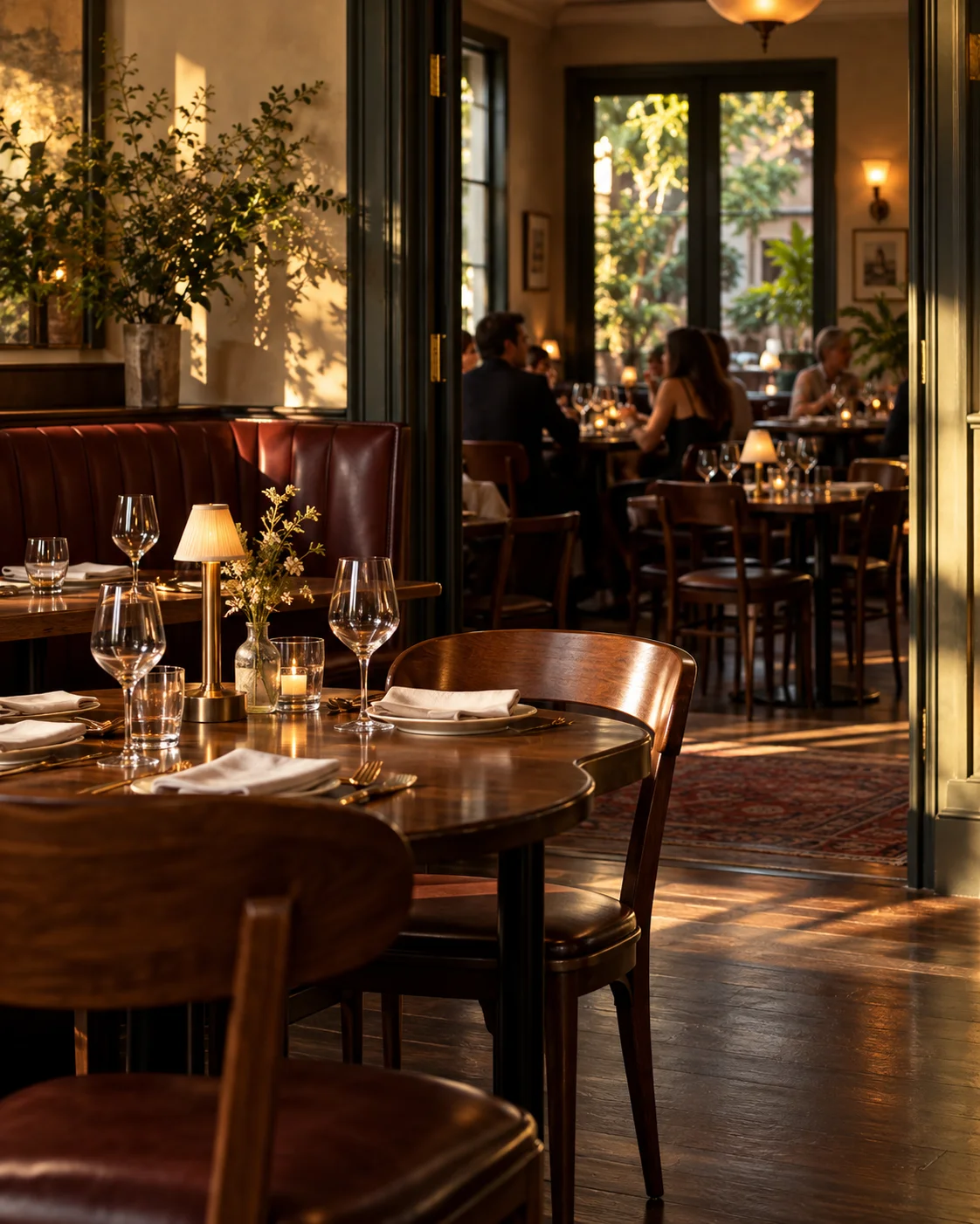 Warm light, a table set for dinner, and an open doorway into a welcoming restaurant. Brand illustration.