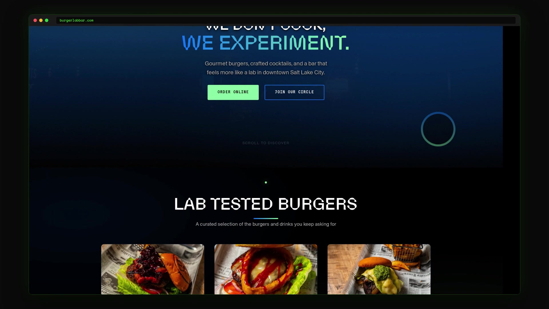 BURGER.LAB restaurant website designed by the Front of House team